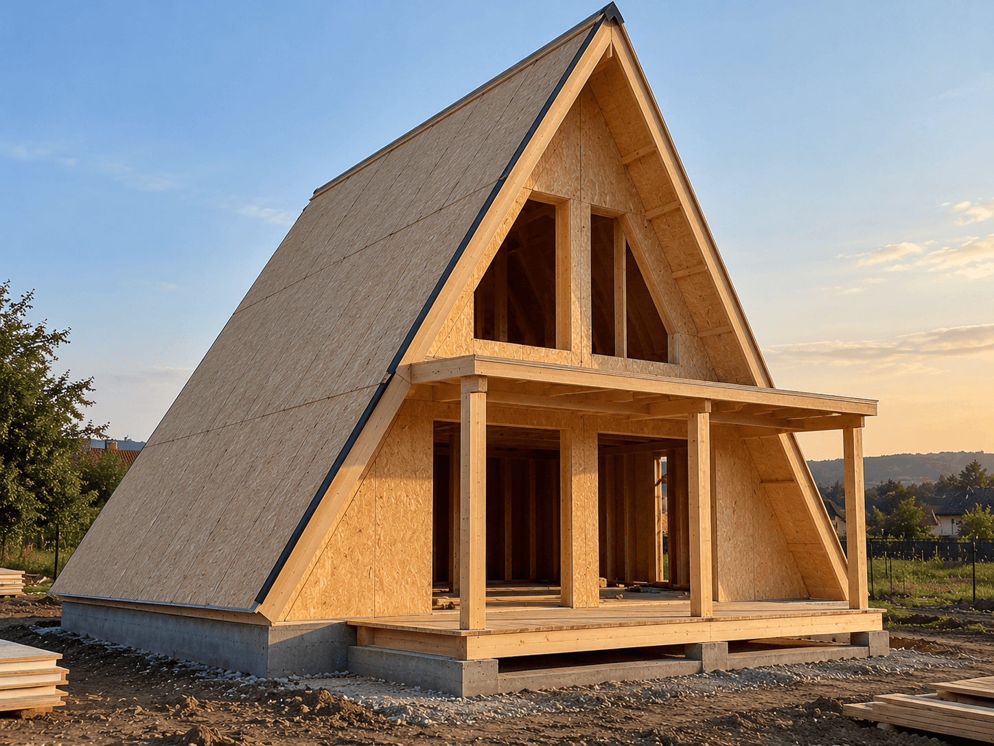 Casa tip A — Acoperiș tip A, cu volum deschis la parter și un etaj-mansardă pentru dormitoare. Model compact, modern, potrivit și pentru case de vacanță.